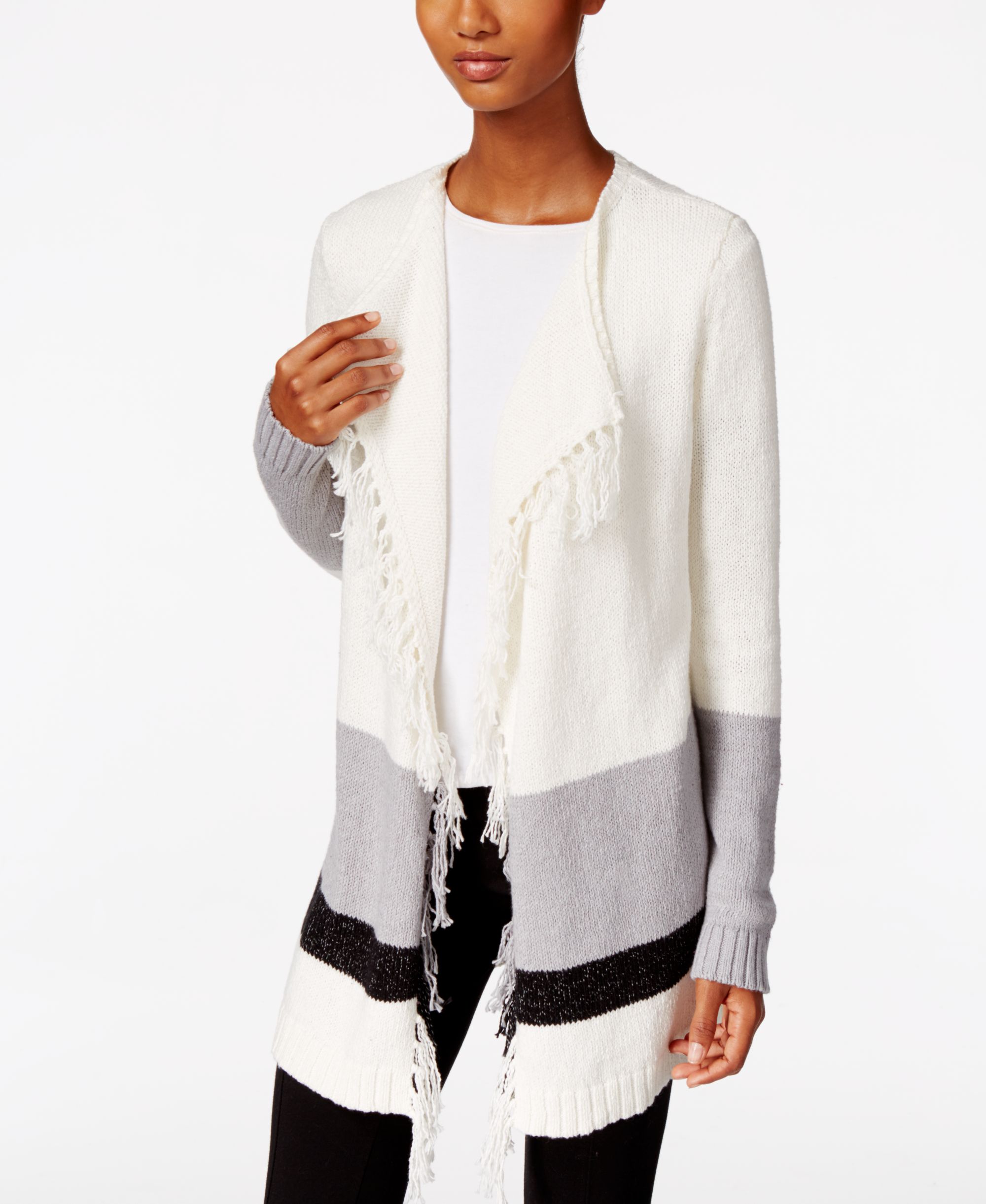 G.H. Bass Co. Fringe Open-Front Cardigan Ivory Combo M
